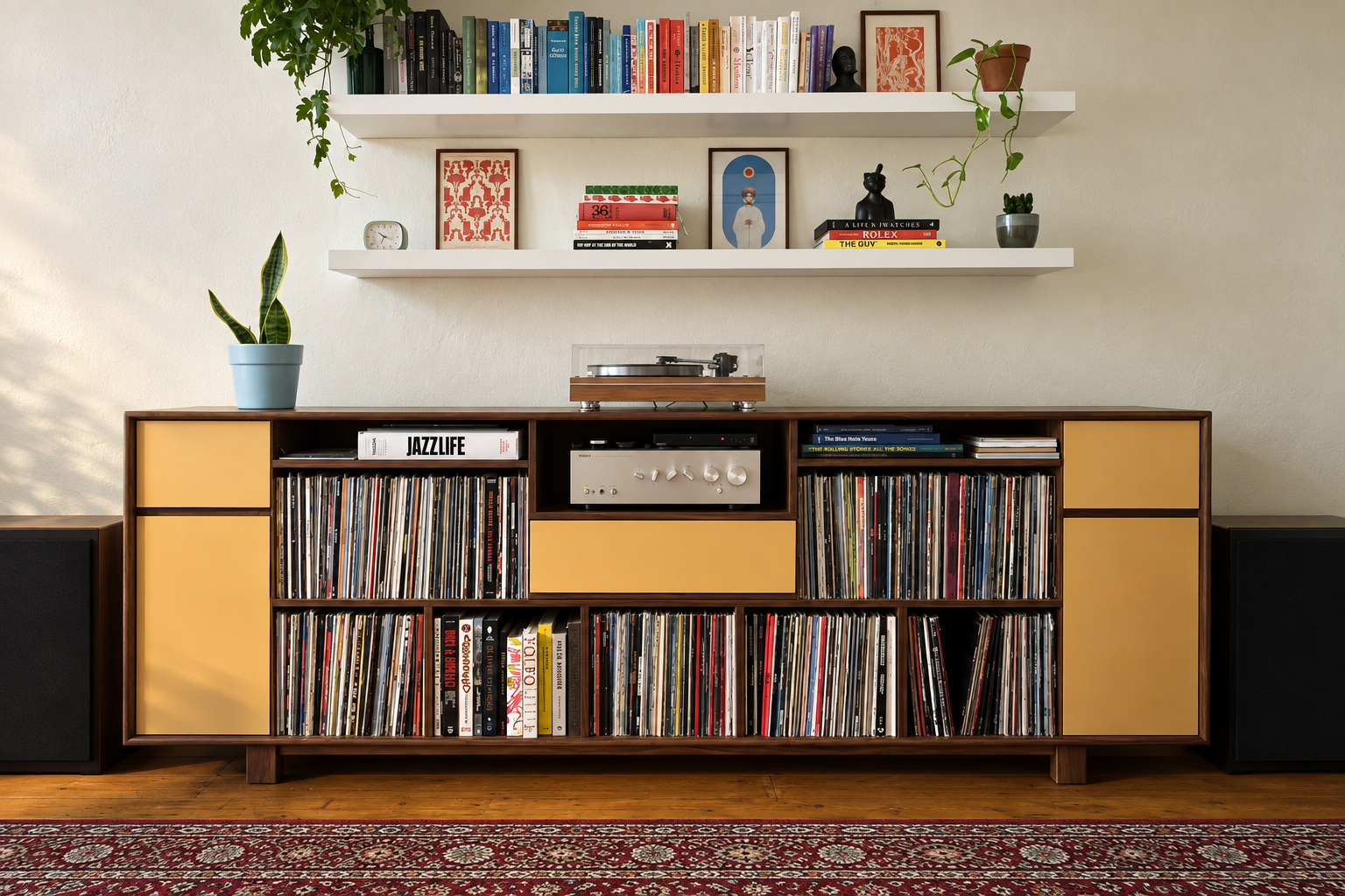 Custom wooden record cabinet with yellow doors by Studio Phazant